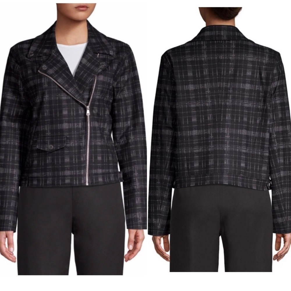 Ellen Tracy Black grey Plaid Fleece Moto jacket large new with tags